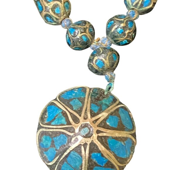 Vintage Blue Mosaic Beaded Necklace With Circular Pendant & Toggle Clasp - Picture 1 of 13
